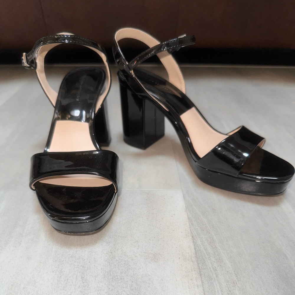 Zara Basics- Black Patent Platform Block Heel Sandals size 39